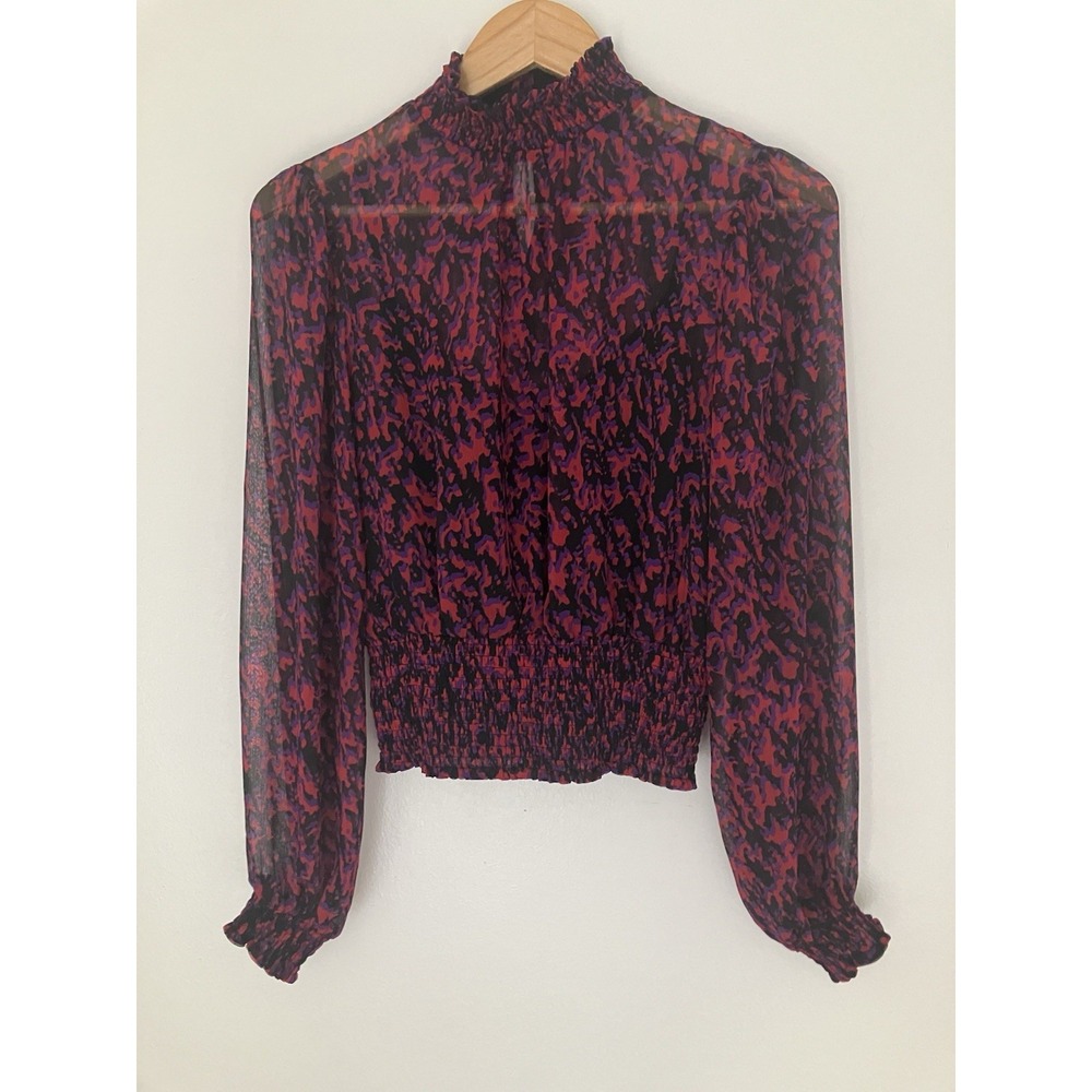 Express Semi Sheer Mock Neck Blouse Size Small Featuring Vibrant Print